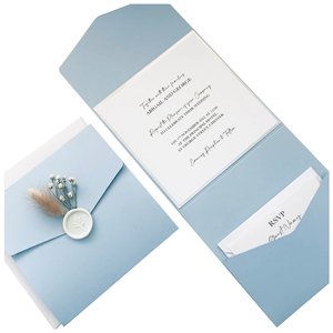 Dusky Blue White Silver Detailed Bunny Tails Pocket Fold Wedding Invitation with RSVP