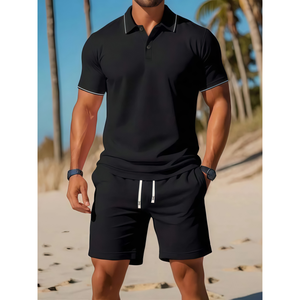 Custom Cotton Shirts New Cross-border Men's European American Trendy Youth Solid Color Shorts Suit Casual Two-piece <b>Set</b> - Product Image 4