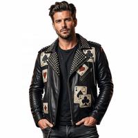 Blouson de motard en cuir pleine fleur pour homme, imprimé sérigraphié sur mesure, avec appliques OEM de cartes de poker, en cuir véritable, vente en gros
