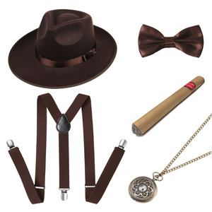Conjunto de Disfraz Masculino Estilo Gatsby Años 20: Sombrero Fedora Negro, Corbata de Moño, Tirantes, Cigarro Falso, Reloj de Bolsillo y Accesorios de Bigote - Product Image 3