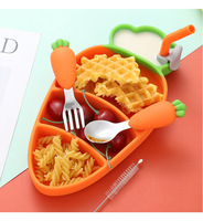 Aangepaste schattige kinder siliconen diner borden met wortelvormige verdeler, zuignap en bestekset voor babyvoeding en aanvullende maaltijden