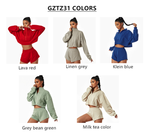 Ensemble 2 pièces sweat à capuche et short de sport pour femme haut court zippé et ceinture élastique séchage rapide pour la saison d'automne grande taille - Product Image 2