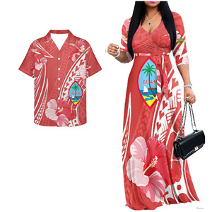 Abiti coordinati hawaiani per coppie, per vacanze al mare, con stampa tropicale, abito da donna sexy con scollo a V e linea ad A, abbinato a camicia da uomo per crociere. - Product Image 3