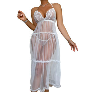 Lencería sexy de verano Pure Desire Perspective Lace Mesh Halter backless Camisola larga Camisón F4433 - Product Image 1