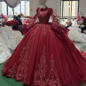 Robe de bal de Quinceañera Jxs10 bordeaux scintillante, robe de mariée sans manches avec appliques, longueur ras du sol, traîne chapelle, pour mère de la mariée - Product Image 3