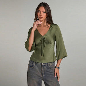 Blusa de Mujer con Cuello en V, Manga Pagoda con Cordones, Color Negro, Sexy, Cintura Fruncida, Casual, de Oficina, Moderna, Sólida, Transpirable, Holgada, para Verano - Product Image 5