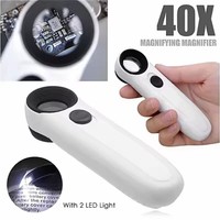 40x 21mm Optical Lens Straight Handle Magnifying Glass with 2 LED Lights Pocket Magnifier Illuminated Lupa for Reading