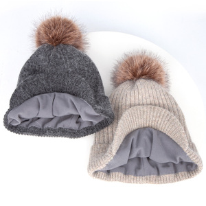 Fabricant d'hiver <span class=keywords><strong>Bonnet</strong></span> à visière en laine angora tricoté personnalisé avec <span class=keywords><strong>pompon</strong></span> en fourrure pour hommes femmes - Product Image 5