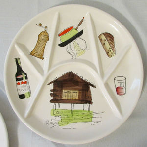 Ensemble vintage de 5 assiettes <span class=keywords><strong>à</strong></span> <span class=keywords><strong>fondue</strong></span> en céramique divisées avec un motif de nourriture française peint <span class=keywords><strong>à</strong></span> la main, design de paysage, <span class=keywords><strong>assiette</strong></span> <span class=keywords><strong>à</strong></span> collation - Product Image 2