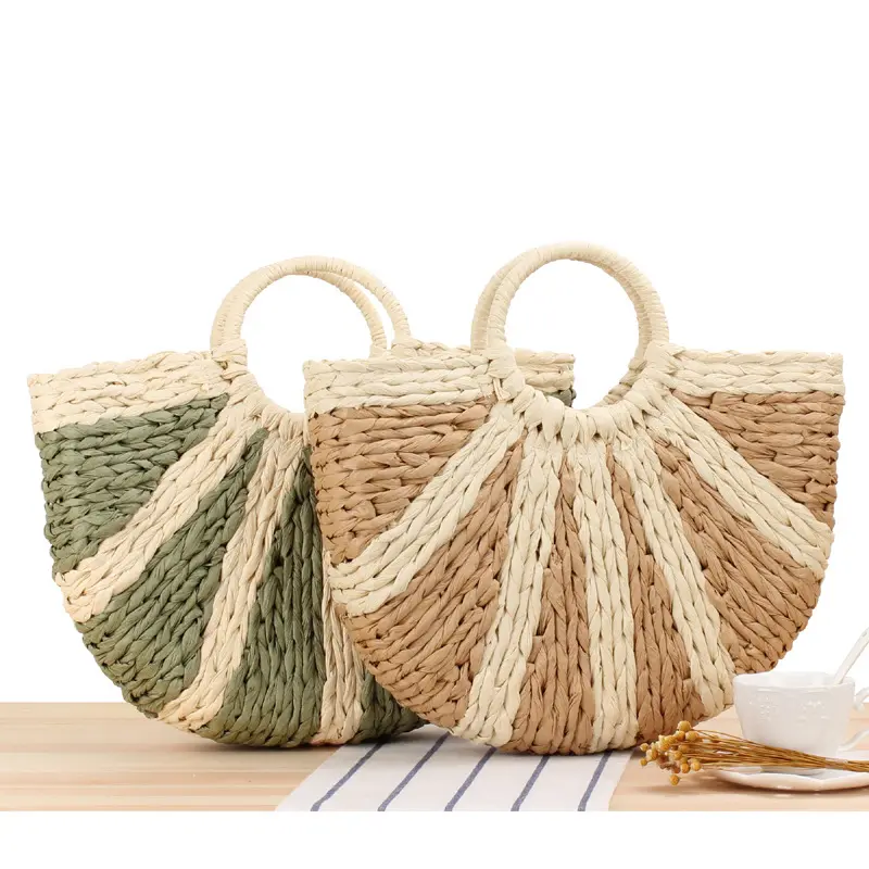 シンプルな手作りストローバッグ無地カジュアル手織りバッグ夏のビーチ写真レディースバッグ