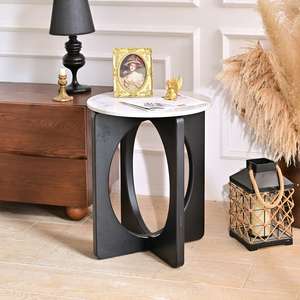 INNOVA Home Accent Luxury Classic Round White Marble Top <b>Black</b> <b>Wooden</b> Leg Coffee <b>Side</b> <b>Table</b> European Modern Design Living Room - Product Image 4