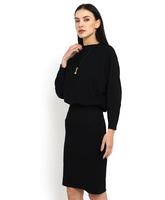 Robe Midi Femme Manches Longues Chauve-Souris, Col Bateau, Taille Élastique, Coupe Blouson Moulante, Noire, Idéale pour le Bureau et les Affaires - Grande Vente