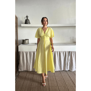 Robe en lin à col en V boutonnée devant, jaune, style midi pour femme, tenue d'été, taille S - Product Image 4