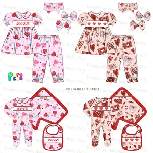 Puresun new designs Valentine's Day kids pajamas wholesale baby clothes kids ruffles girl clothing set