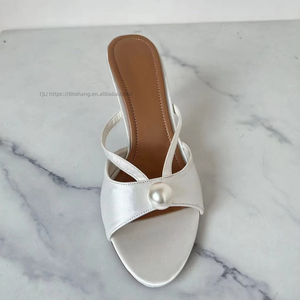 Elegant Satin Women's Mules With Pearl Detail, High Heel <b>Open</b> Toe Slip-On Sandals for Wedding & Formal Occasions - Product Image 4