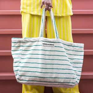 Borsa da 20 pollici Pinky White Tote Bag spugna a righe spugna borsa da spiaggia 100% cotone rettangolare quadrato da spiaggia da donna portatile da viaggio per il fine settimana - Product Image 6