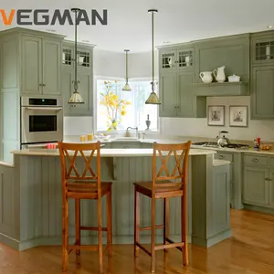 Standar Amerika kustom gaya klasik hijau Soild kabinet dapur kayu dengan pulau untuk Villa