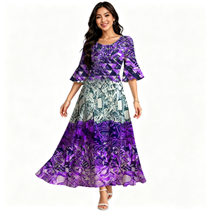 Abiti Lunghi da Donna con Stampa Hawaiana, Design Tribale Polinesiano, <span class=keywords><strong>Maniche</strong></span> <span class=keywords><strong>3</strong></span>/<span class=keywords><strong>4</strong></span>, in Poliestere Ecologico, Stampa su Richiesta - Product Image 4