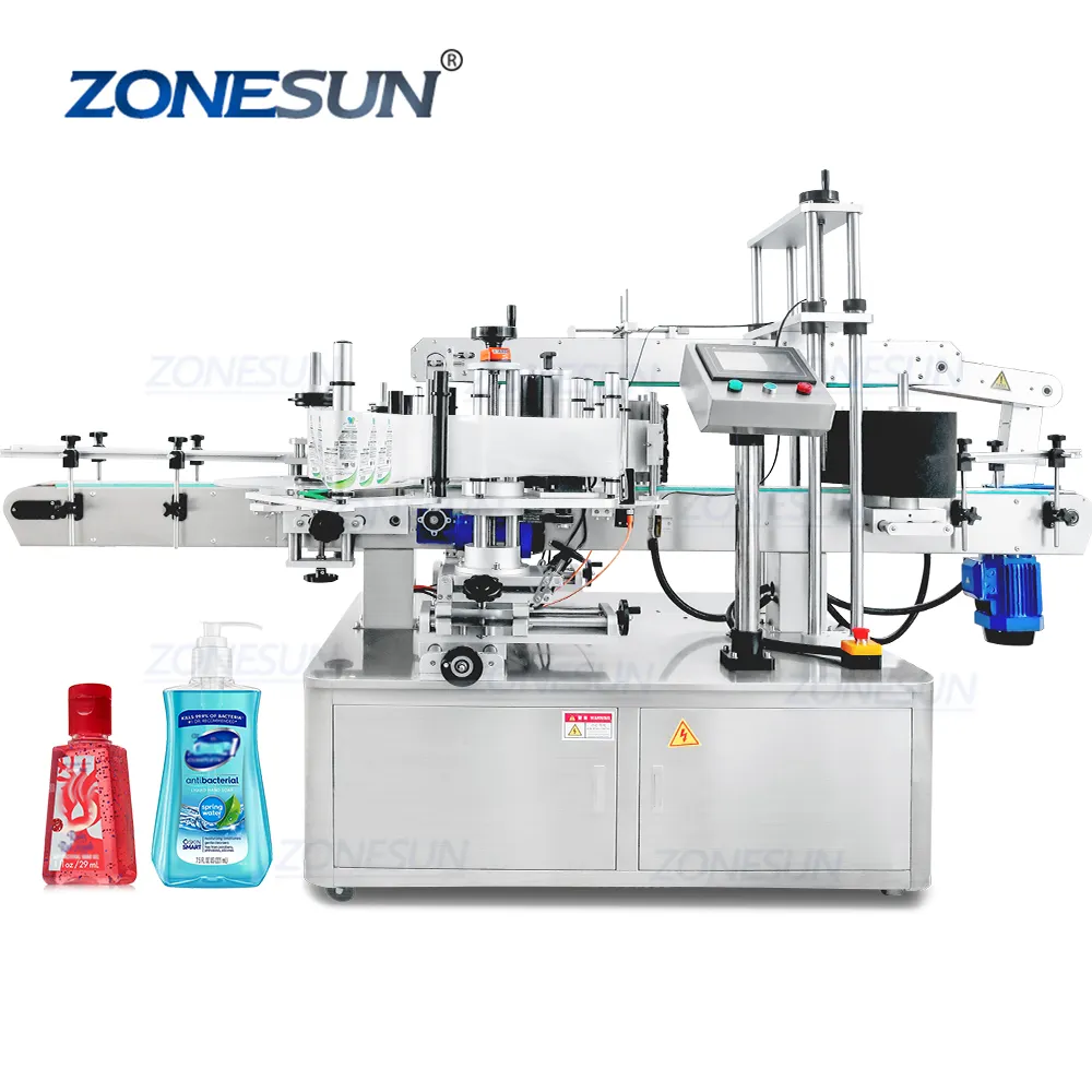 ZONESUN sampo ZS-TB600, sepenuhnya otomatis sisi ganda botol datar persegi stiker label mesin untuk botol datar