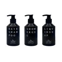 Bouteille en plastique réutilisable de 200 ml, 300 ml, 500 ml, pompe à presser, revêtement noir mat, estampage à chaud doré, couleur personnalisée, étiquette privée, hôtel