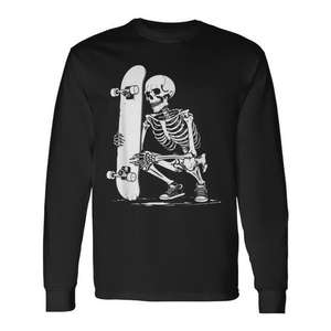 Camiseta de manga larga con diseño gráfico de esqueleto de skater, color negro, tema de skateboarding - Product Image 1