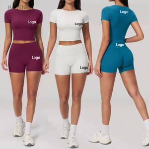 Conjunto Deportivo para Mujer, Shorts de Cintura Alta, Top Corto de Yoga, Camiseta de Manga Corta, Ajustado, Transpirable, para Entrenamiento - Product Image 1