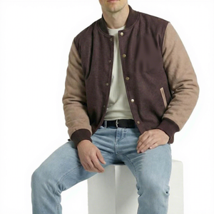 Chaqueta Varsity para Hombre, Color Marrón Oscuro, Mangas Color Bronceado, Mezcla de Lana, Cierre de Botones, Estilo Casual, para Otoño, Corte Regular, Color Sólido, Cuello Camisero - Product Image 3