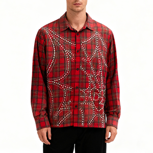 Fabricants de chemises à boutons à carreaux personnalisés Chemises streetwear à la mode pour hommes en flanelle délavée à l'acide avec revers en strass - Product Image 1