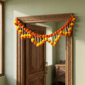 Guirnalda Floral Tradicional para Colgar en la Pared, Decoración para el Hogar en Diwali, Adorno para Entrada, Tapiz de Tela Naranja y Amarillo, Pieza Única - Product Image 1