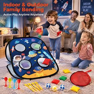 Tavola da gioco pieghevole a tema astronauta per bambini, con bersaglio a sacchi di sabbia e punteggio a tema pianeti, per attività all'aperto e giochi per feste - Product Image 2