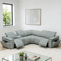 Canapé d'angle moderne en bois en forme de L 5 places avec fonction inclinable, rangement dissimulé, charge sans fil et porte-gobelets