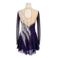 Robe de patinage artistique en strass violet foncé, maille, une manche longue, dos lacé, pour compétition et performance adulte et enfant