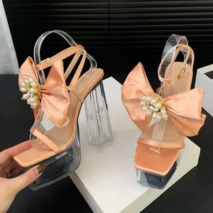 Chaussures transparentes pour femme à plateforme, avec grand nœud, talon épais sexy, style rétro - Product Image 2