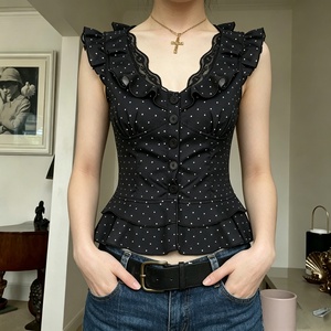 Blusa Casual de Manga Corta para Mujer, Tejida, Ecológica, Transpirable, con Estampado de Lunares, Bloques de Color, Encaje, Parches y Botones, Top de Verano - Product Image 2