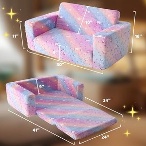Children's <b>Sofa</b> Double Seat Pink Foldable Velvet With Stars For <b>Kids</b> Reading Corner Nap Chair - Product Image 4