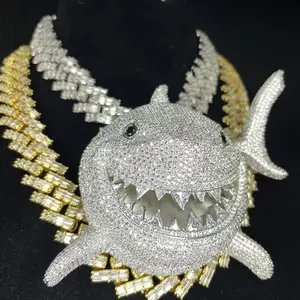 New fully Oversize Street Style Jewelry Iced Out Simulate Stone Tribute Big Size Shark Pendant Men Fit Iced Cuban Link Chain