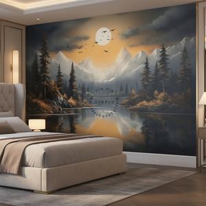 Mural Autoadhesivo de Vinilo con Diseño de Lago, Árboles Navideños Dorados, Montañas Grises, Nubes, Sol <span class=keywords><strong>y</strong></span> Pájaros, Papel Tapiz de Paisaje de Arte Moderno - Product Image 2