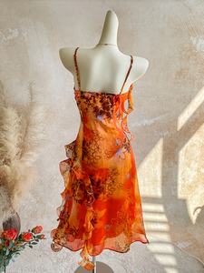 Vintage <b>Boho</b> Floral Print Asymmetrical High-Waisted Spaghetti Strap Midi <b>Dress</b> with Ruffle Trim V-Neck Chiffon Fabric - Product Image 4
