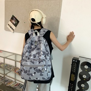 Korean Style <b>Backpack</b> For Girls <b>Large</b> <b>Capacity</b> Camouflage Pattern School Education 18 In Gray Blue Purple - Product Image 2