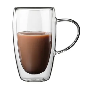 Venta al por mayor logotipo personalizado grande claro doble pared de vidrio tazas de té de café con asa
