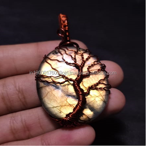 Collier pendentif en labradorite de haute qualité, design ovale sans défaut, arbre de vie, pierre précieuse d'agate naturelle, cristaux faits à la main, fil - Product Image 1