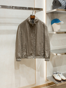 Giacca Bomber in <span class=keywords><strong>Lino</strong></span> 100% Stile Old Money Primaverile da <span class=keywords><strong>Uomo</strong></span> Casual Ecologica con Logo Frontale e Colletto Rialzato - Product Image 5
