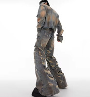 Ensemble de vêtements de luxe personnalisé à faible MOQ, imprimé diamant effet délavé, style streetwear hip-hop, comprenant une veste et un pantalon en jean déchiré pour hommes