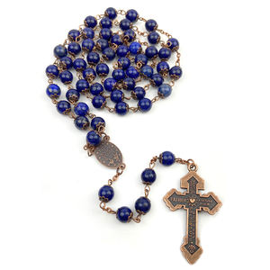 Rosario Cattolico con Perline di Giada Lazurite, Medaglia Miracolosa Cristiana e Croce, Realizzato con Pietre Naturali Blu <span class=keywords><strong>Navy</strong></span> - Product Image 3