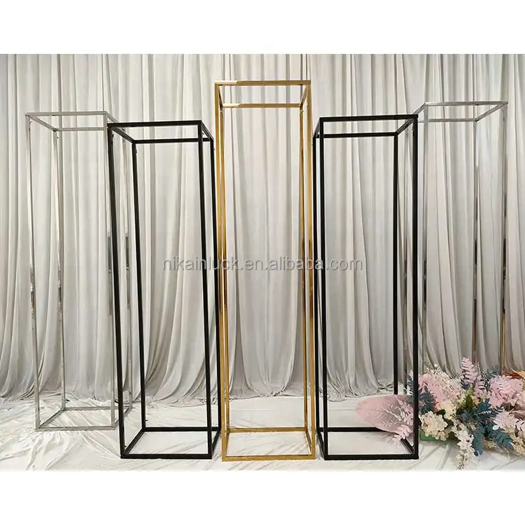 NIKA Atacado Personalizado Retângulo Backdrop Stand Preto Gold Flower Backdrop Frame para Decoração Do Casamento