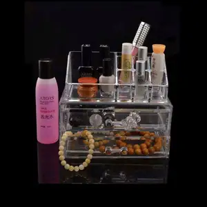 Penjualan laris laci kosmetik penyimpanan kotak akrilik bening Organizer Makeup plastik dengan 2 laci