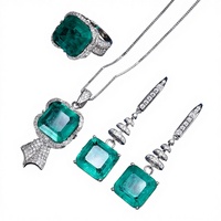 Parure de bijoux vintage en cuivre plaqué or avec émeraude taillée géométrique pour femme (boucles d'oreilles, collier, bague)