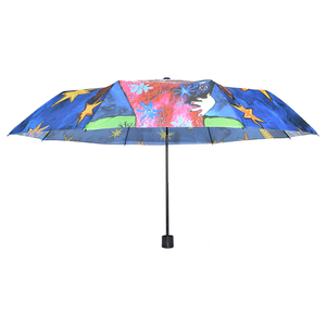 Parapluie de voyage compact à trois plis de style classique de 21 pouces ouverture et fermeture manuelles conception promotionnelle d'impression complète en pongé - Product Image 2