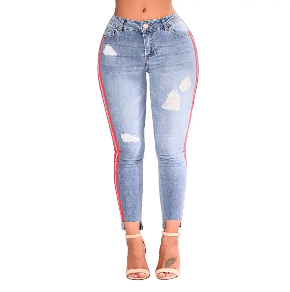 Calça jeans feminina de cintura alta, calça jeans de cintura alta personalizada skinny com stretch elástica