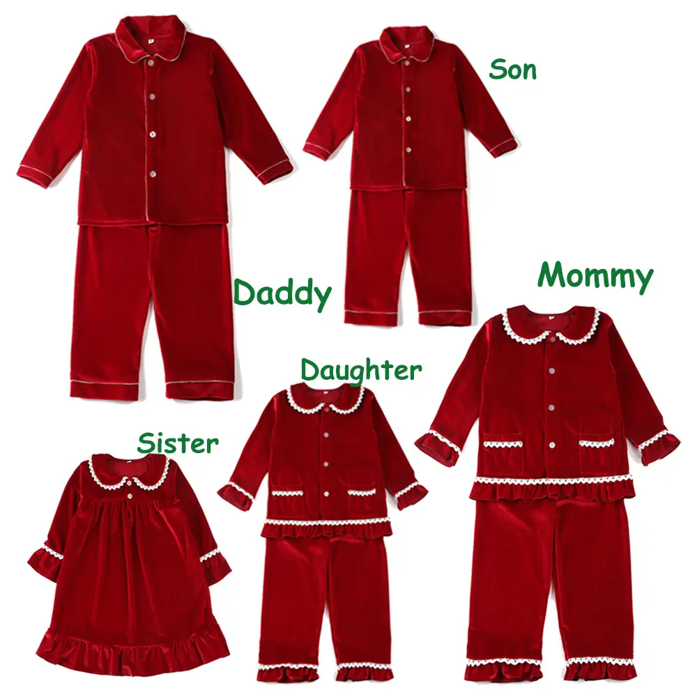 Family Matching Christmas Outfit Baby Toddler Red Velvet Pajamas Set Kids Boys Girls Button Up Sleepwear Pyjamas